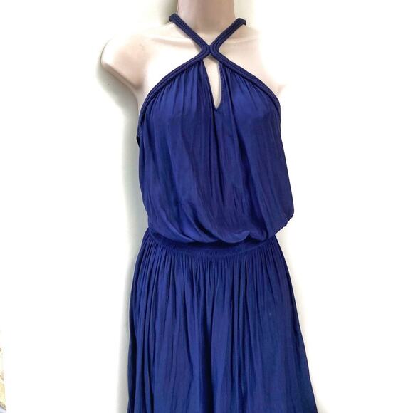 Ramy Brook Navy Mini Dress | High Neck Pleated Cocktail Party Wedding Guest Look - Picture 3 of 16